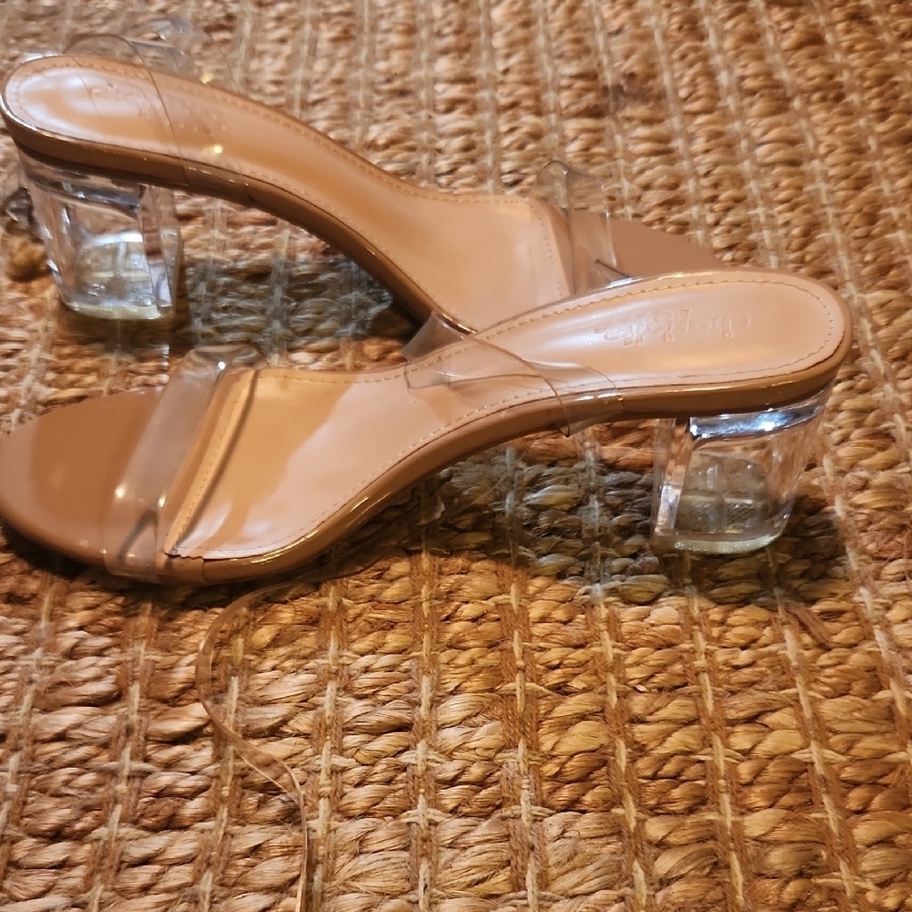 Tan 1.5in Strappy Sandal Heels with Modern Clear Acrylic Straps Versatile Classy